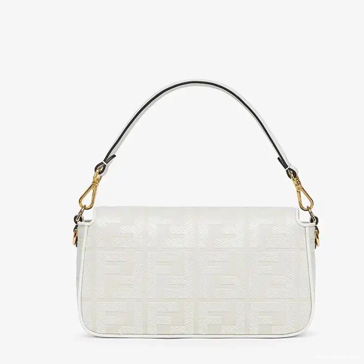 Cheap Baguette Cut White Fendi Canvas Medium In Motif FF Laser with Bag Strap 0405